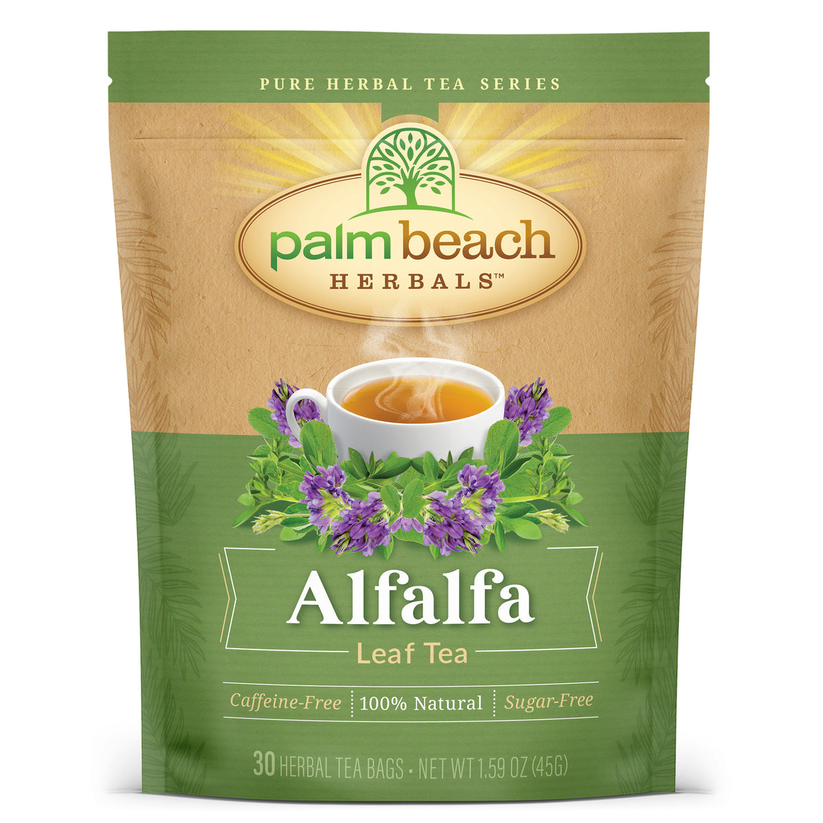 A stand-up pouch of Palm Beach Herbals Alfalfa Leaf Tea on a white background. The packaging is tan and green, featuring a central illustration of a cup of tea surrounded by purple alfalfa flowers and green leaves.