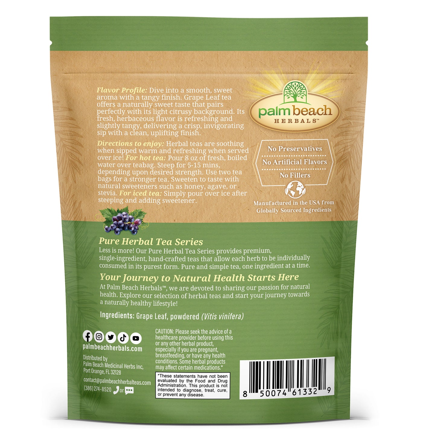 Back view of a Palm Beach Herbs Pure Herbal Tea Series Grape Leaf tea pouch, showing product details, ingredients, directions, and a barcode.