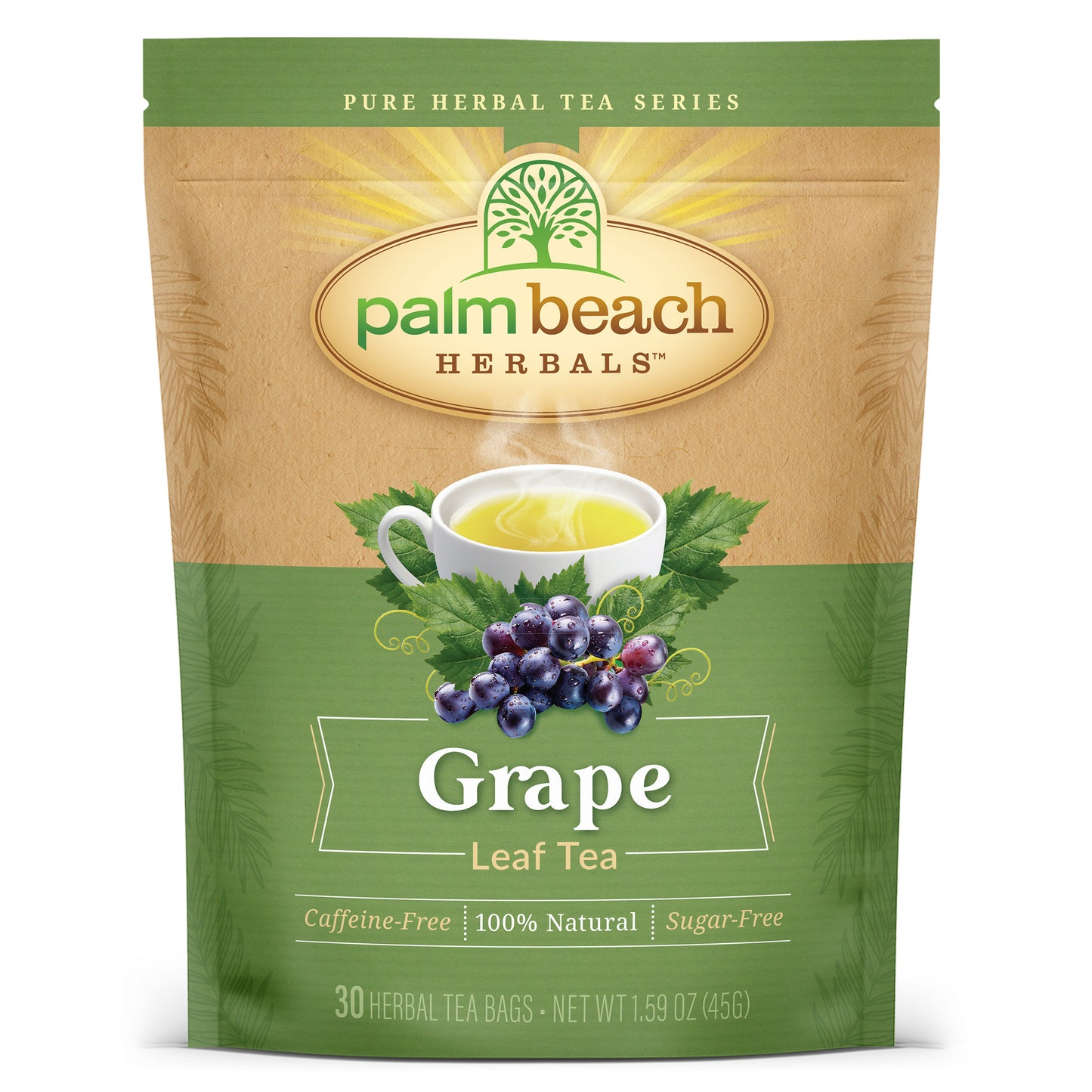 Palm Beach Herbals Grape Leaf Tea package with 30 caffeine-free herbal tea bags