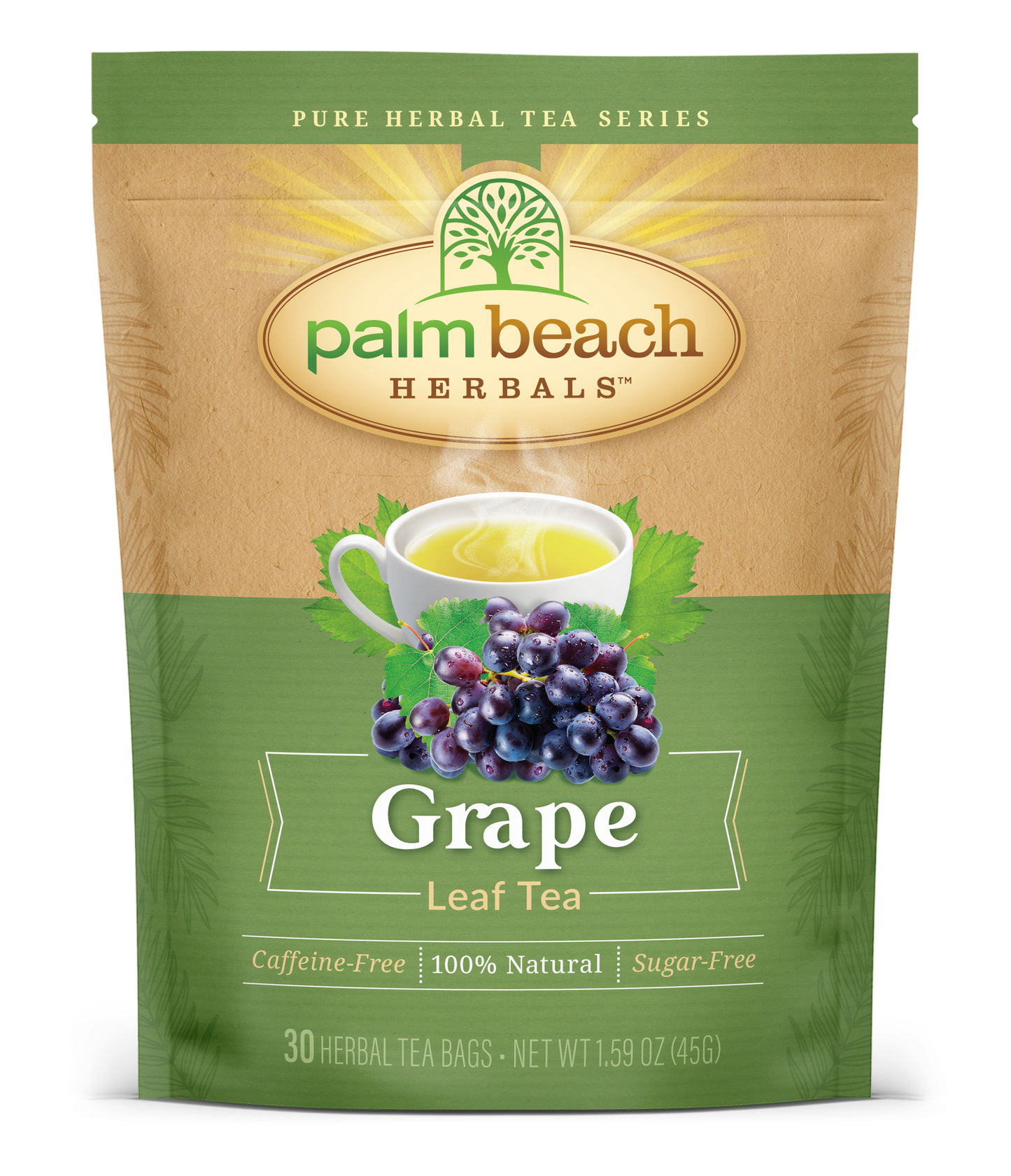 Palm Beach Herbals Grape Leaf Herbal Tea in a resealable pouch with 30 tea bags